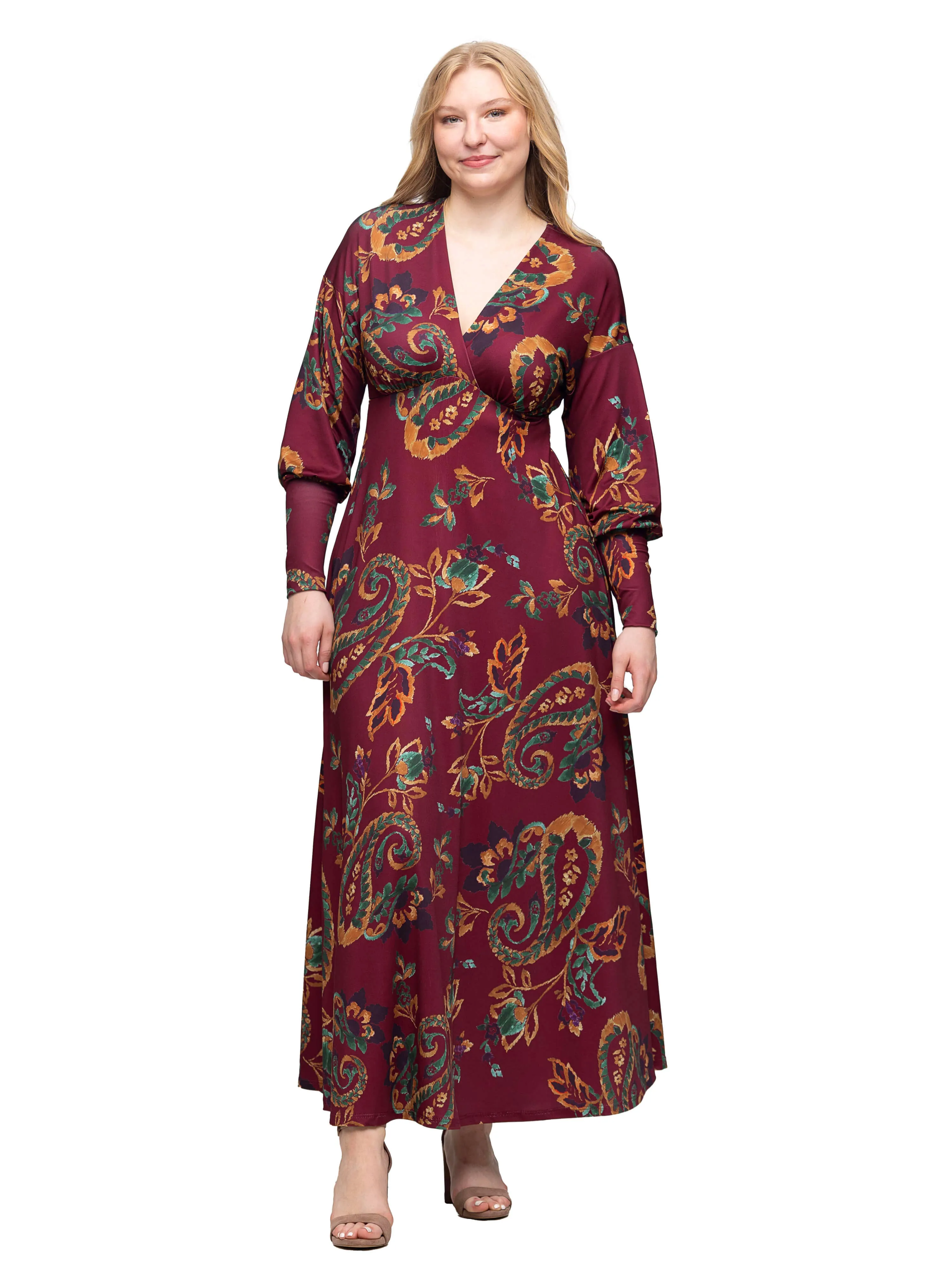 Wine Paisley Print Bishop Sleeve A Line Maxi Dress