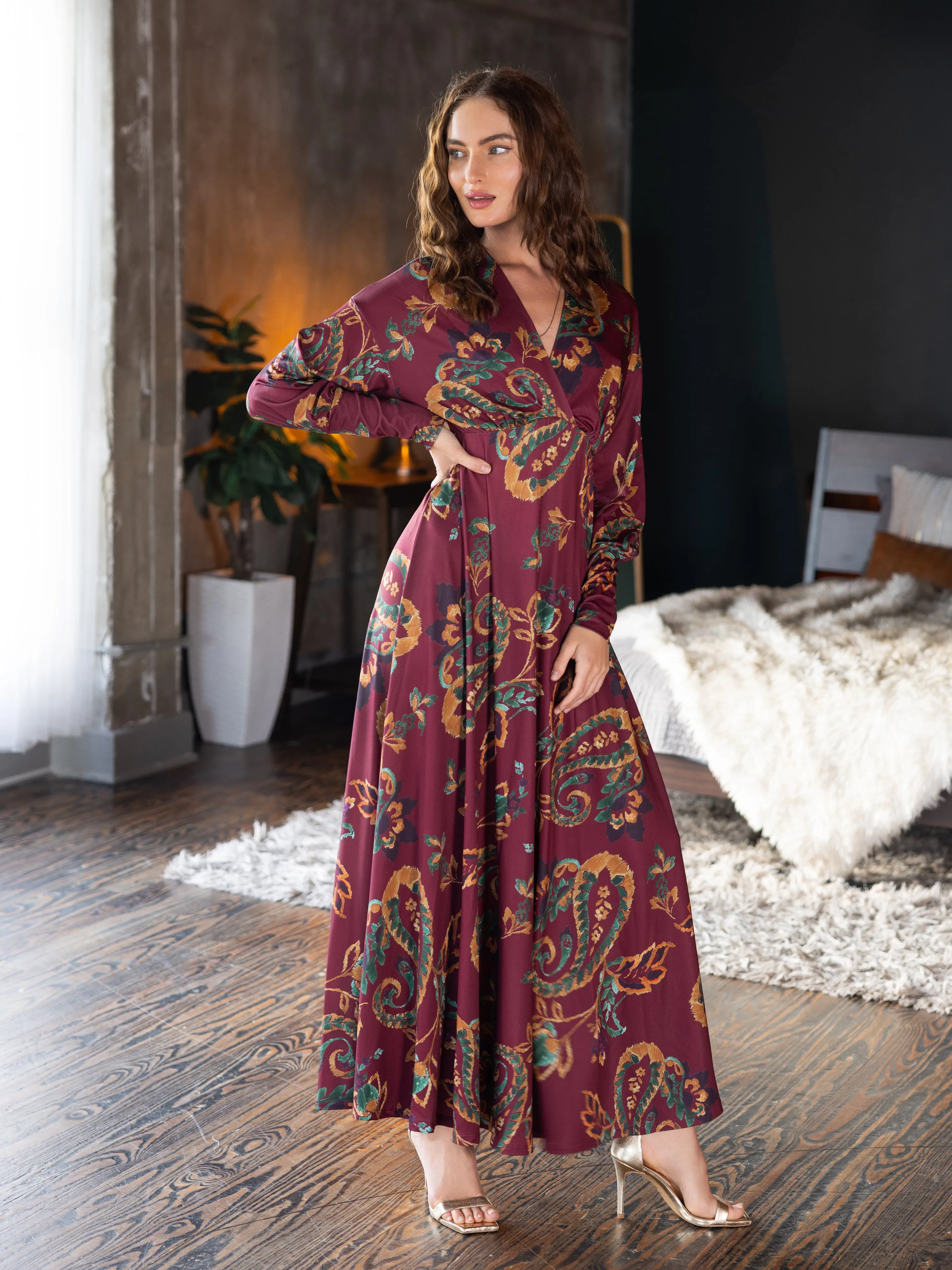 Wine Paisley Print Bishop Sleeve A Line Maxi Dress