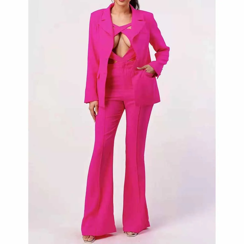 Women 3 Piece Flared Pants Set Fashion Pant Suit In Black, Rose Color