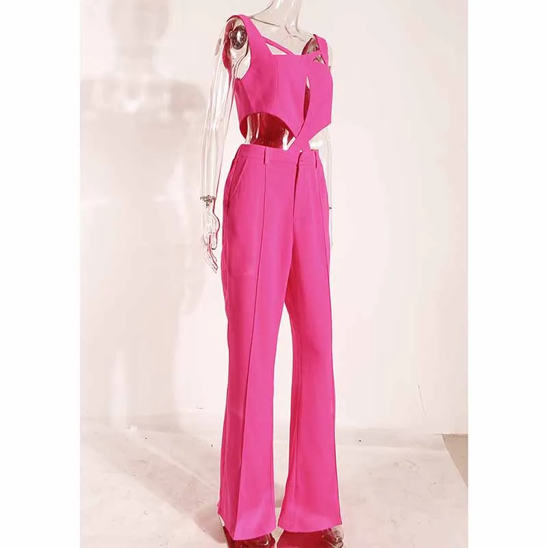 Women 3 Piece Flared Pants Set Fashion Pant Suit In Black, Rose Color