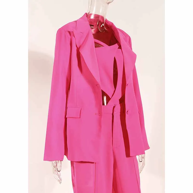 Women 3 Piece Flared Pants Set Fashion Pant Suit In Black, Rose Color