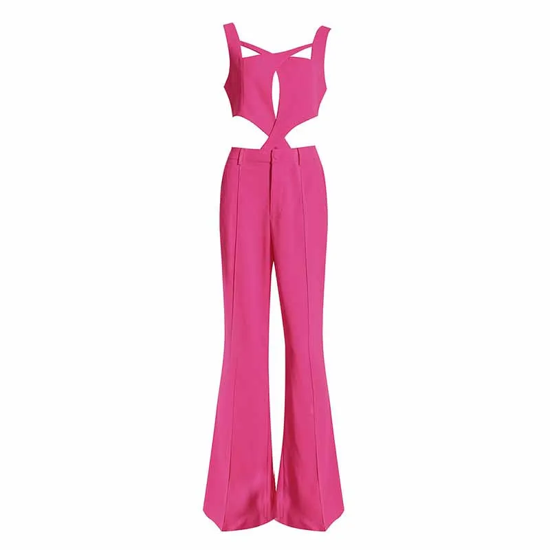 Women 3 Piece Flared Pants Set Fashion Pant Suit In Black, Rose Color