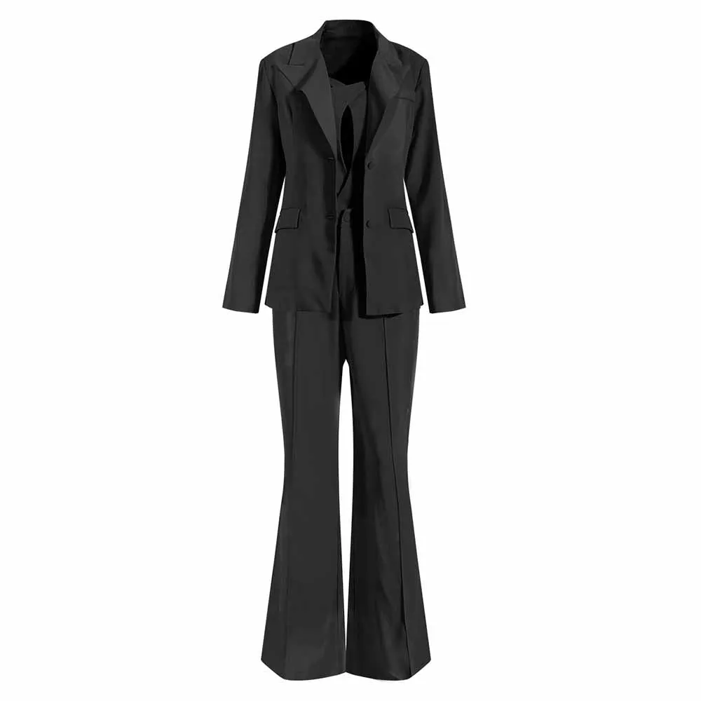 Women 3 Piece Flared Pants Set Fashion Pant Suit In Black, Rose Color