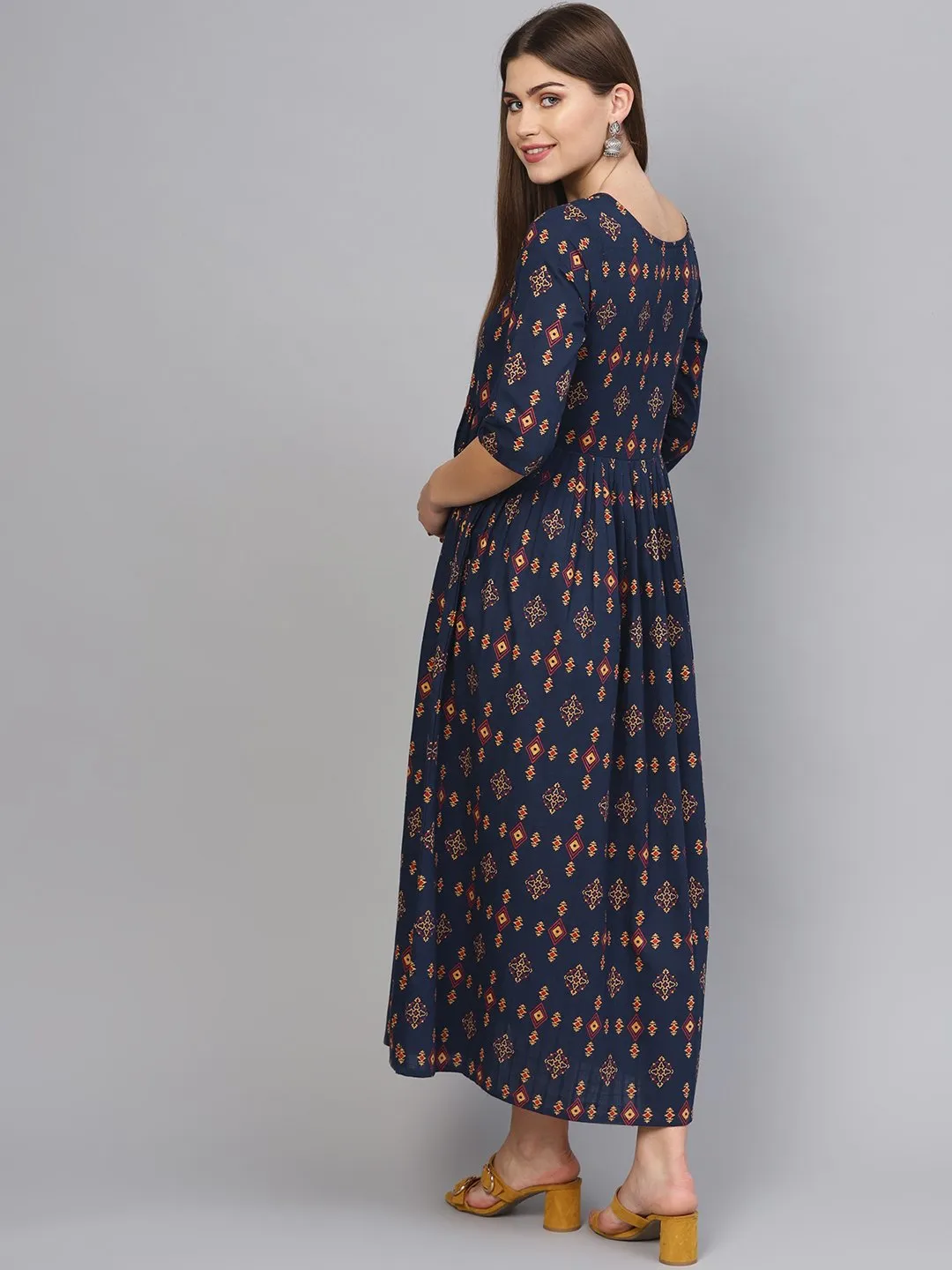 Women Navy Blue & Beige Printed Maxi Dress