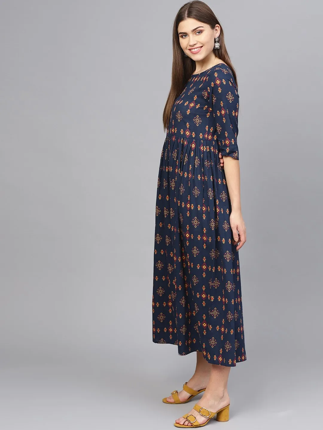 Women Navy Blue & Beige Printed Maxi Dress