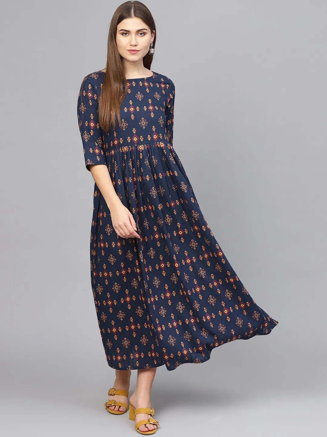 Women Navy Blue & Beige Printed Maxi Dress