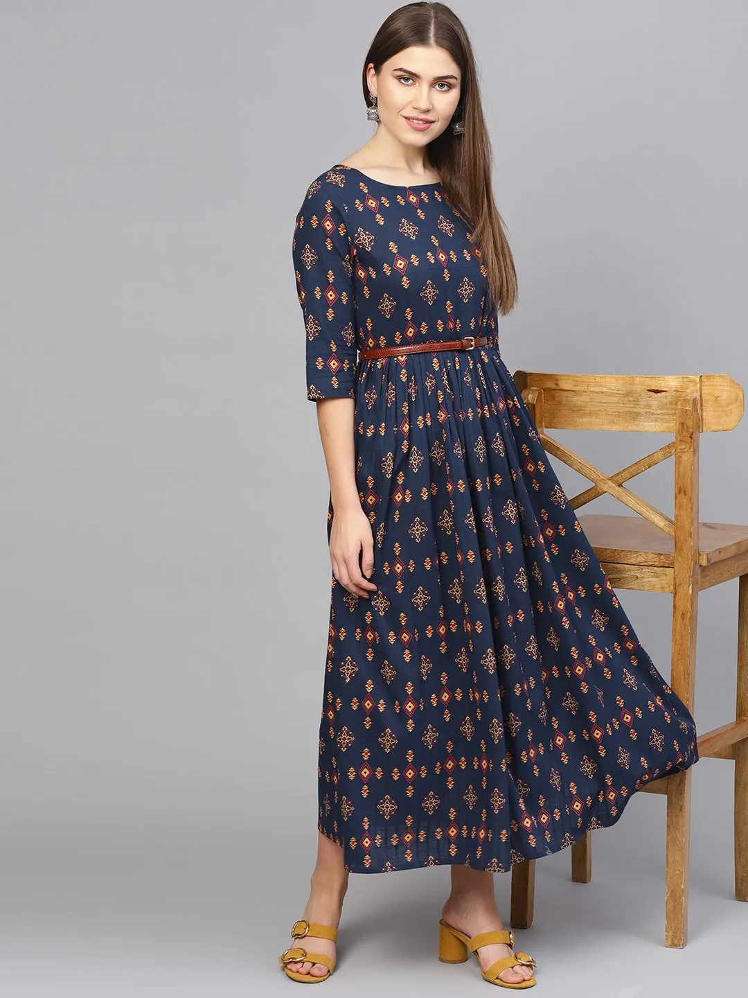 Women Navy Blue & Beige Printed Maxi Dress