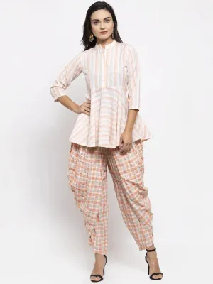 Women Orange And White Striped Kurta With Dhoti Pants