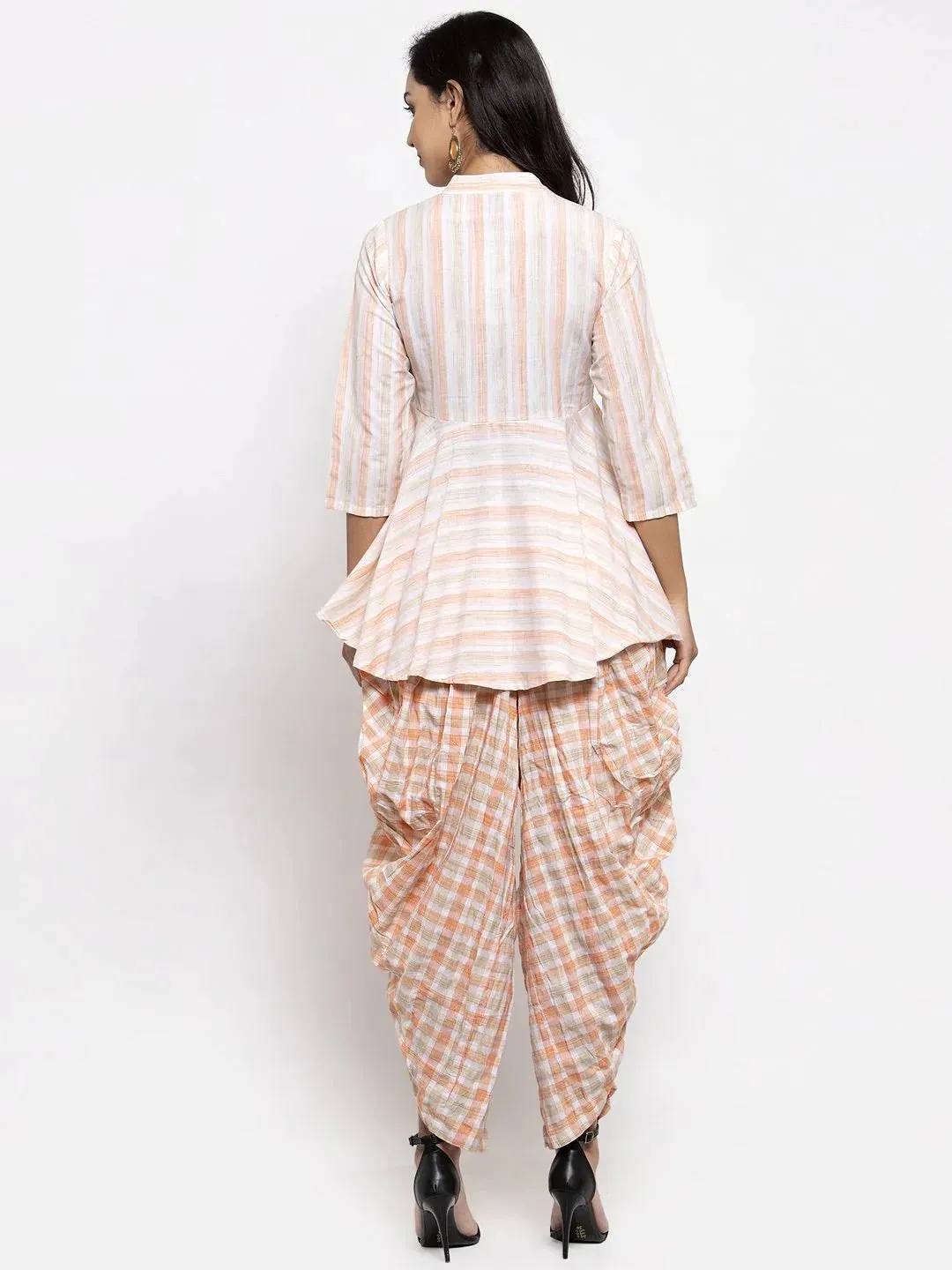 Women Orange And White Striped Kurta With Dhoti Pants