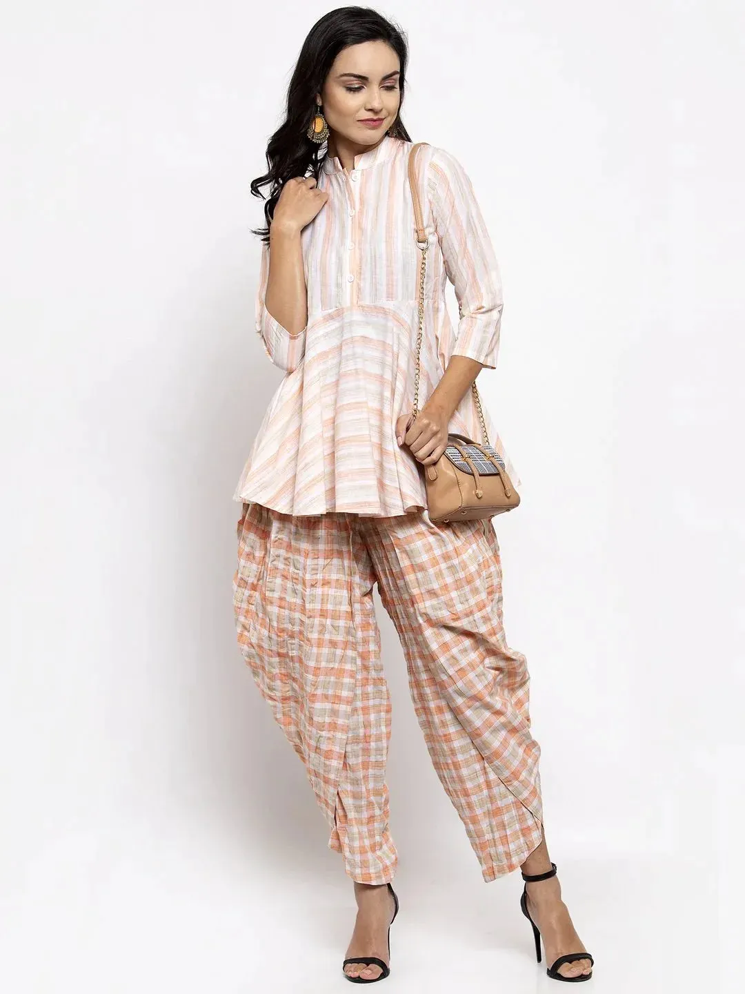 Women Orange And White Striped Kurta With Dhoti Pants