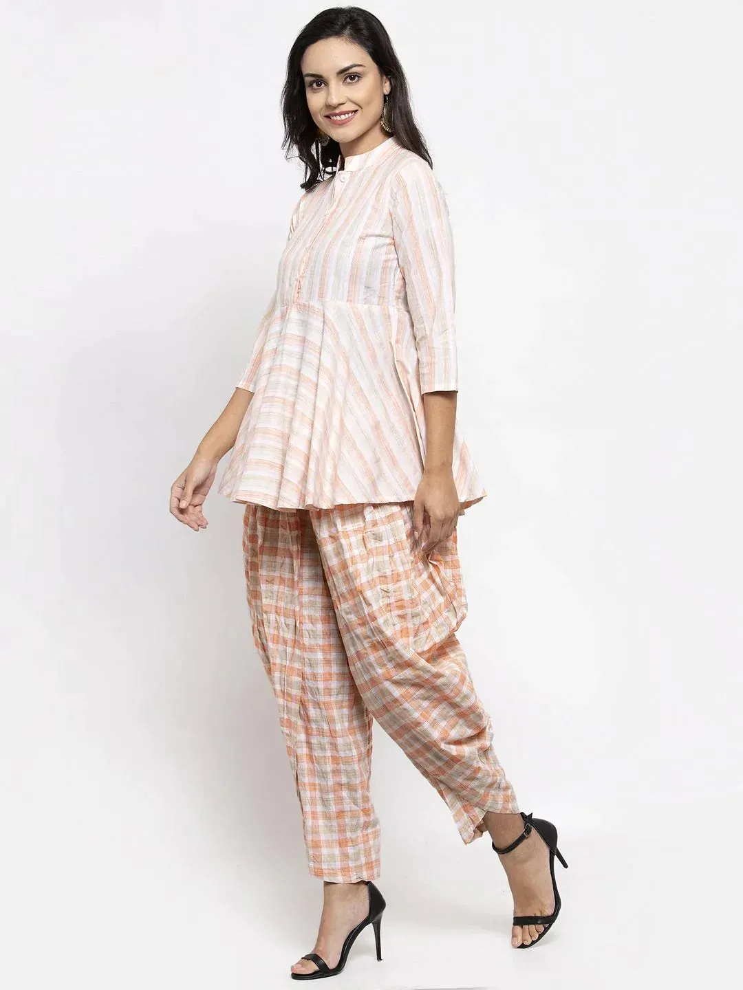 Women Orange And White Striped Kurta With Dhoti Pants