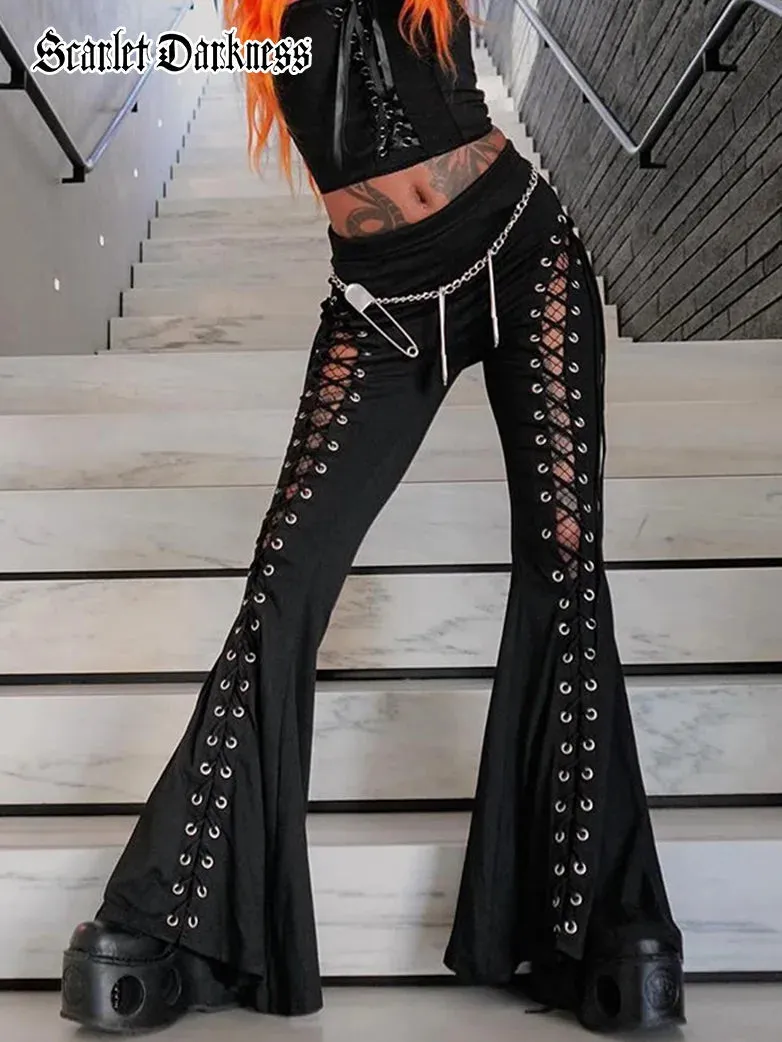 Women Punk Style Pants Black Eyelets Flared Trousers