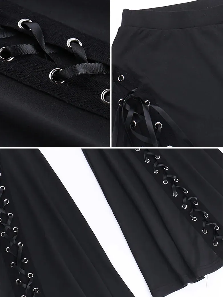 Women Punk Style Pants Black Eyelets Flared Trousers