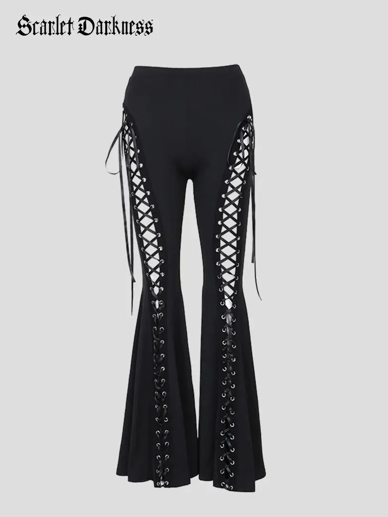 Women Punk Style Pants Black Eyelets Flared Trousers