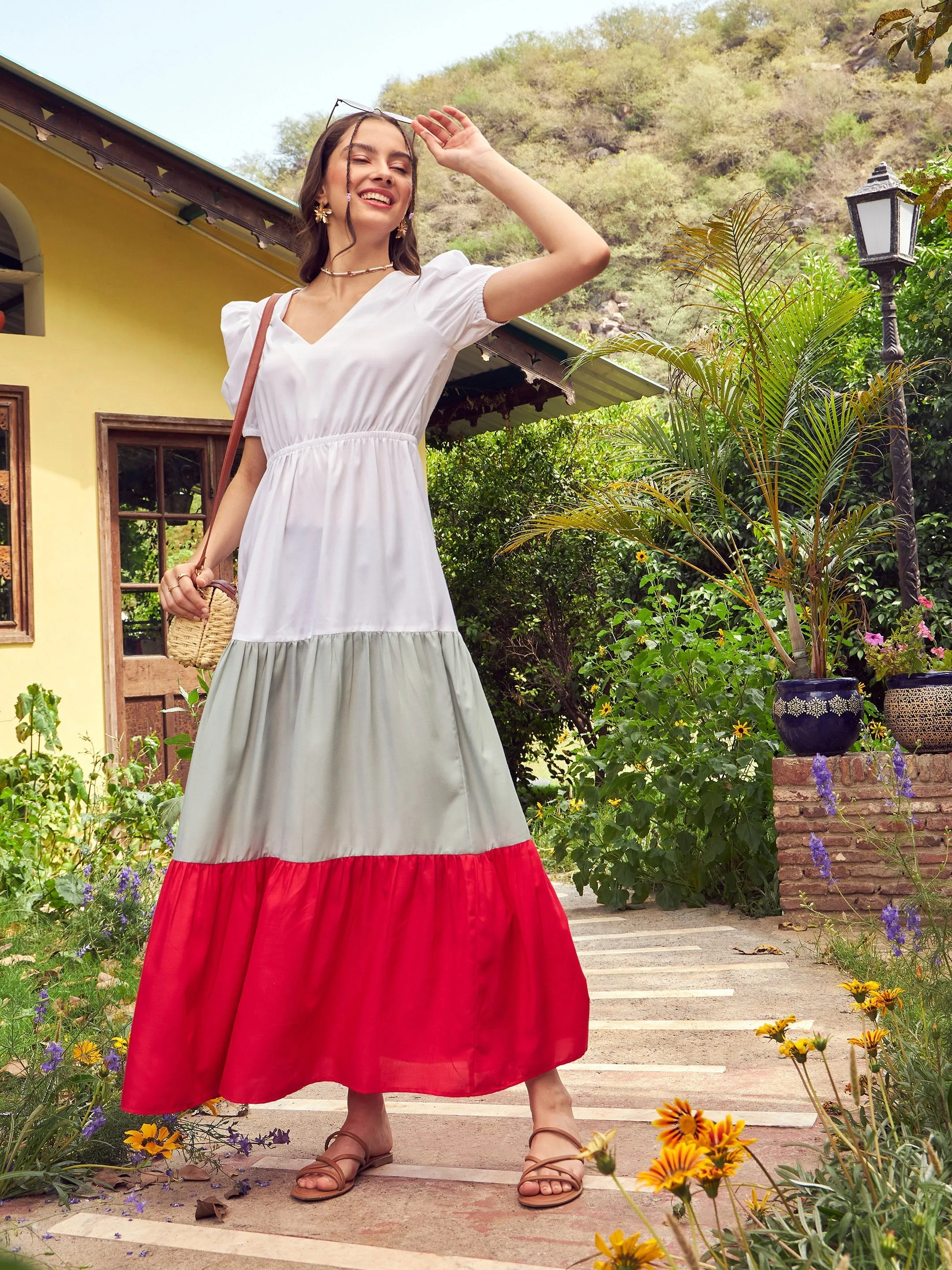 Women Red & White Color Block Tiered Maxi Dress