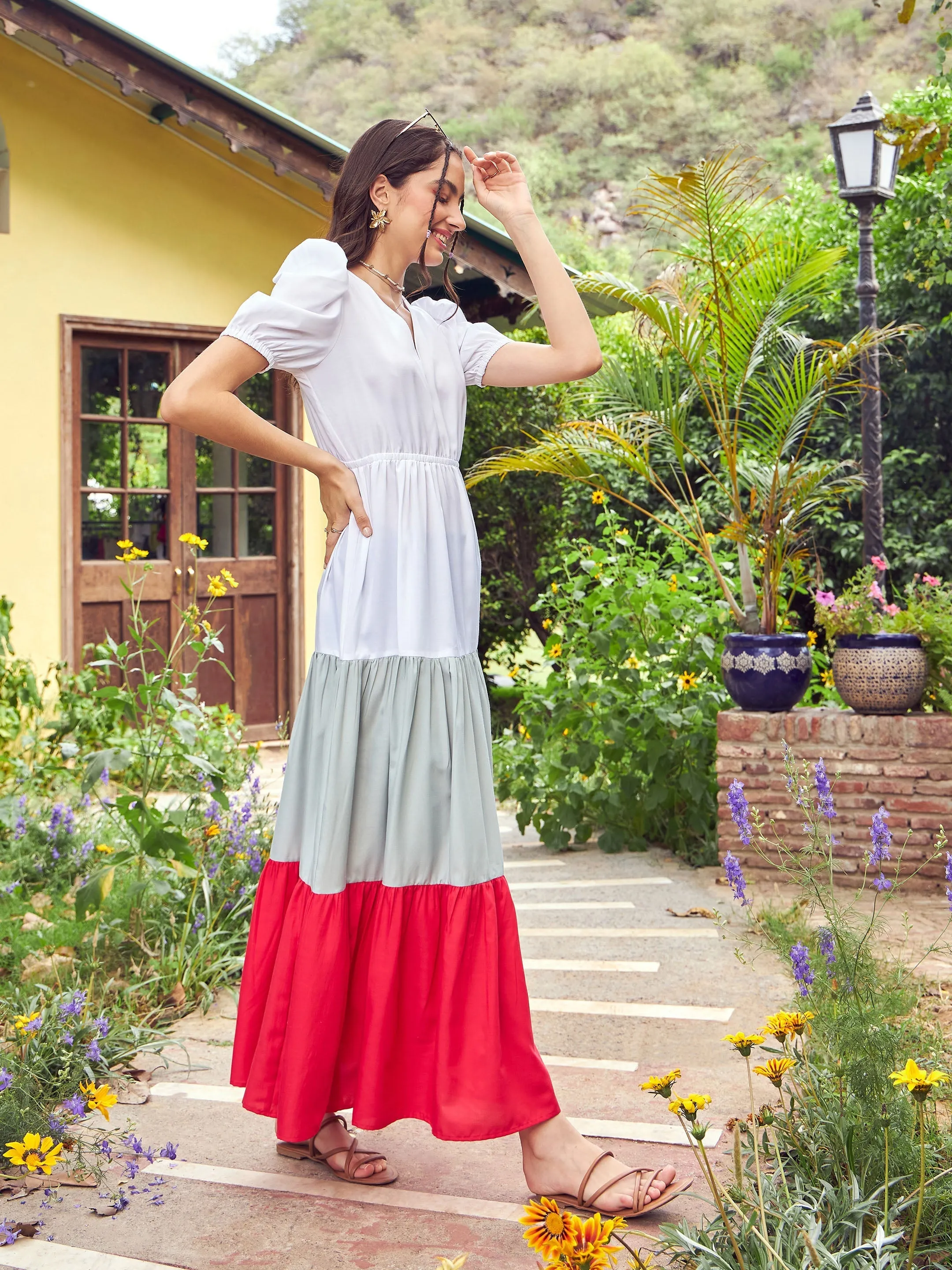 Women Red & White Color Block Tiered Maxi Dress