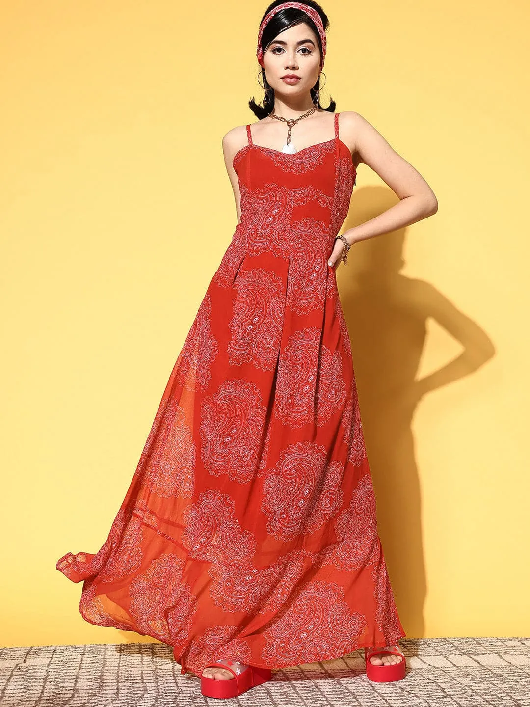 Women Red Paisley Box Pleat Strappy Maxi Dress