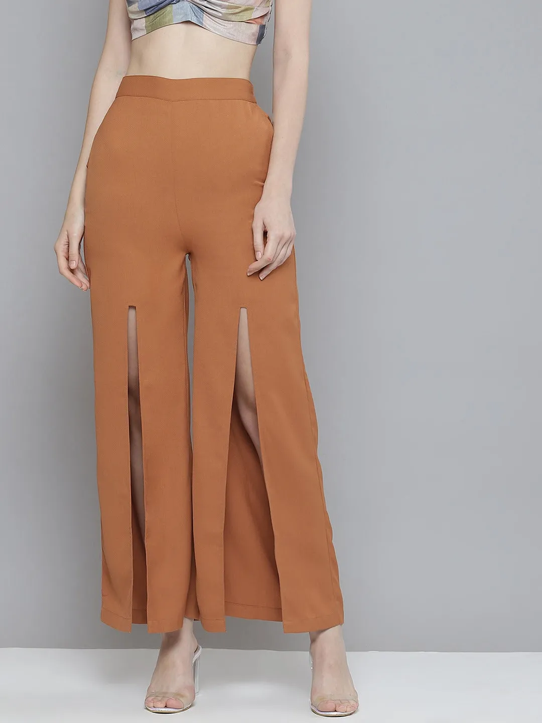 Women Rust Front Slit Wide Leg Pants