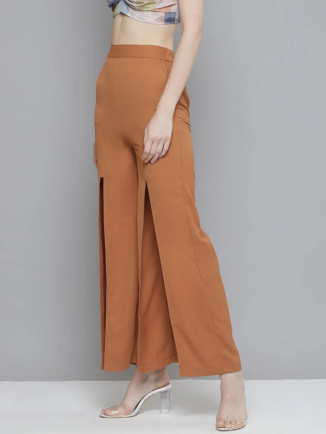 Women Rust Front Slit Wide Leg Pants