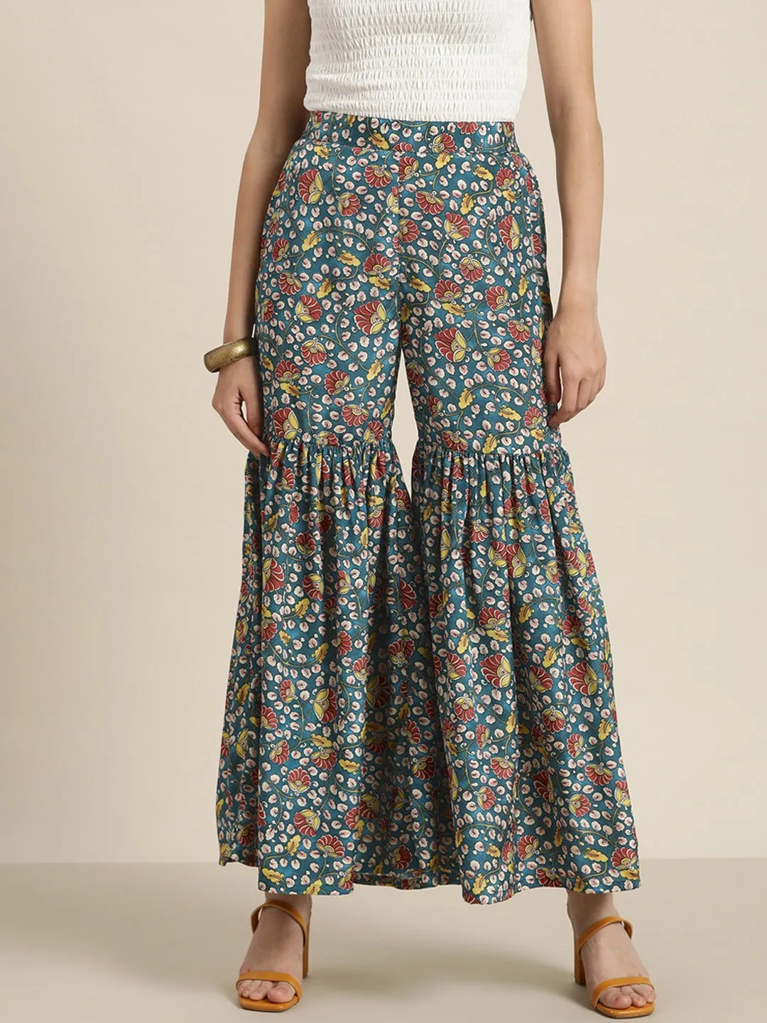 Women Teal Floral Gathered Sharara Pants