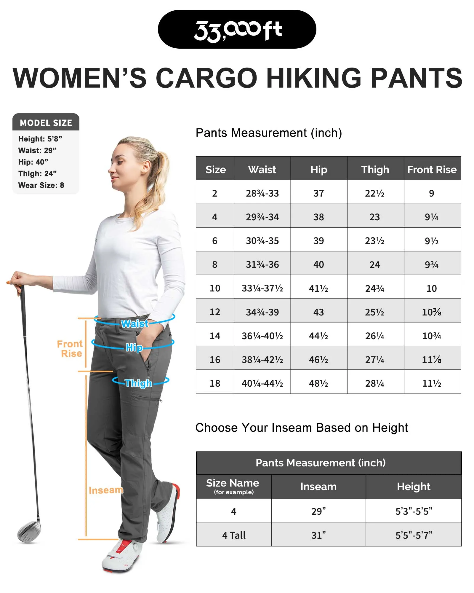 Women's Golf Pants, Water-Resistant Lightweight Hiking Pants with Adjustable Bottom for Travel, Camping, Fishing