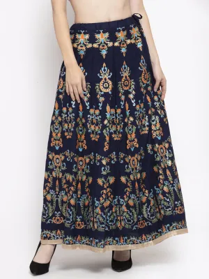 Women'S Navy Blue Printed Flared Rayon Maxi Skirt