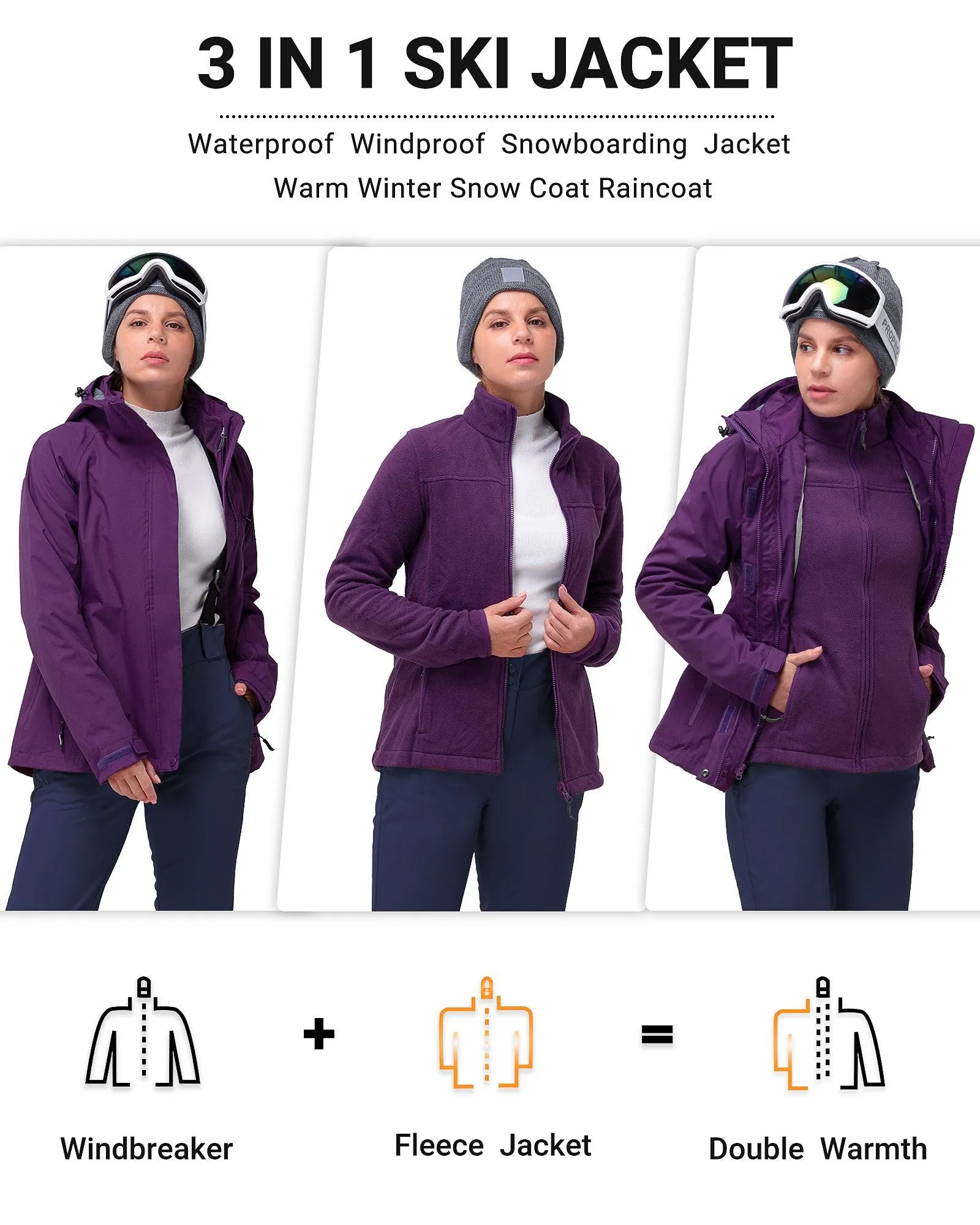 Women's Waterproof 3-IN-1 Ski Jacket, Warm Fleece Insulated Winter Snow Coat Windproof Rain Jackets Parka Hooded for Traveling Climbing Hiking