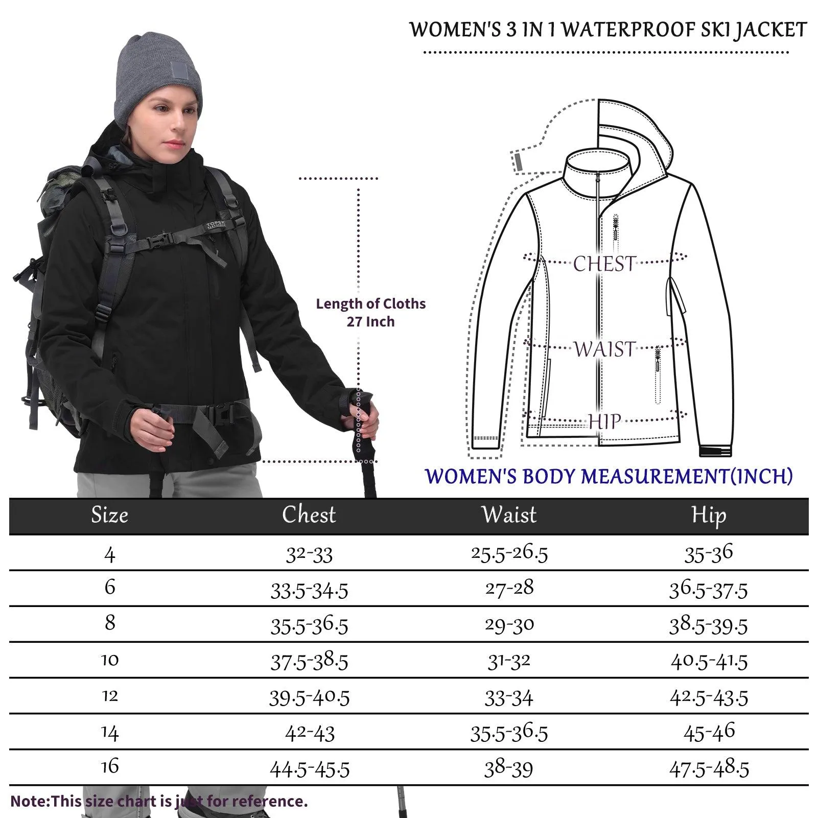 Women's Waterproof 3-IN-1 Ski Jacket, Warm Fleece Insulated Winter Snow Coat Windproof Rain Jackets Parka Hooded for Traveling Climbing Hiking