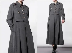 Woolblend Front Button Closure Floor Long Military Style Dress