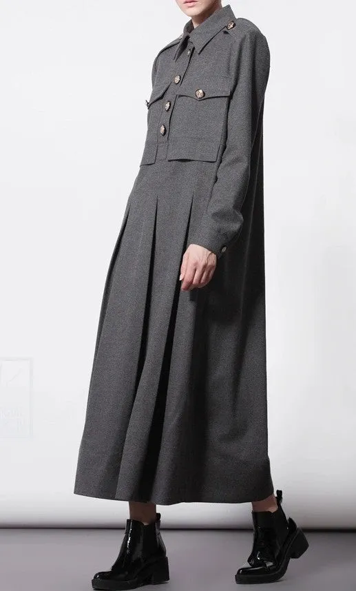 Woolblend Front Button Closure Floor Long Military Style Dress