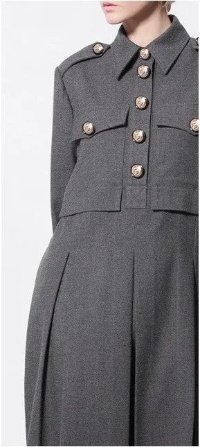 Woolblend Front Button Closure Floor Long Military Style Dress