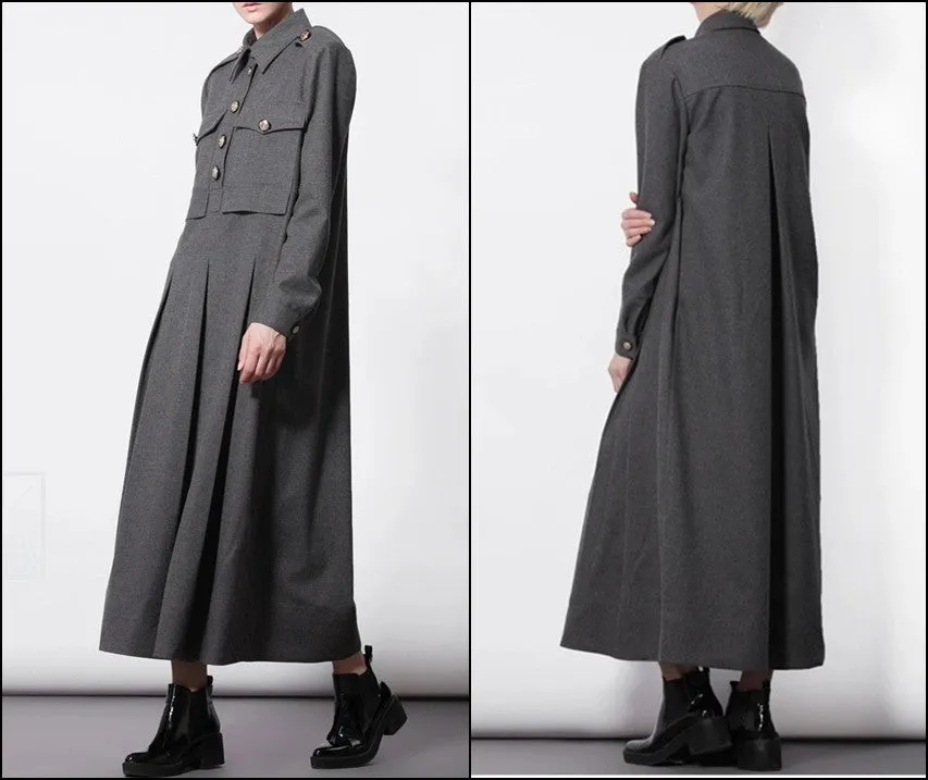 Woolblend Front Button Closure Floor Long Military Style Dress