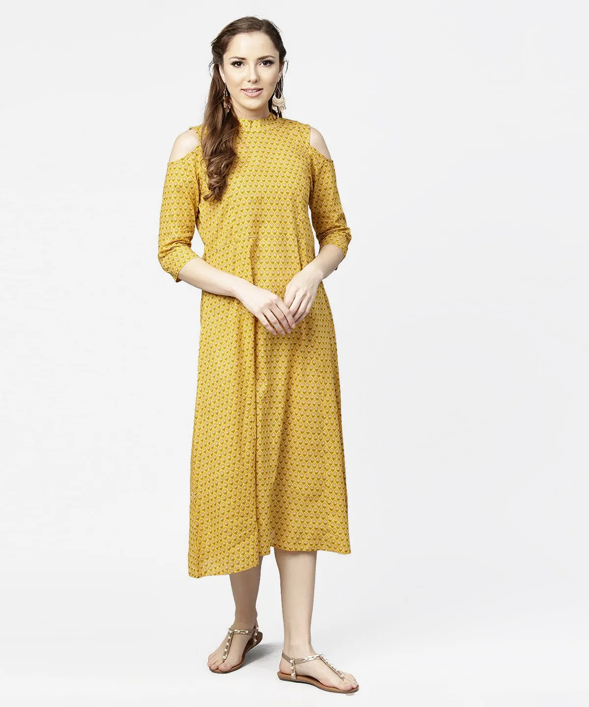 Yellow Printed 3/4Th Cold Shoulder Sleeve Cotton Maxi Dress