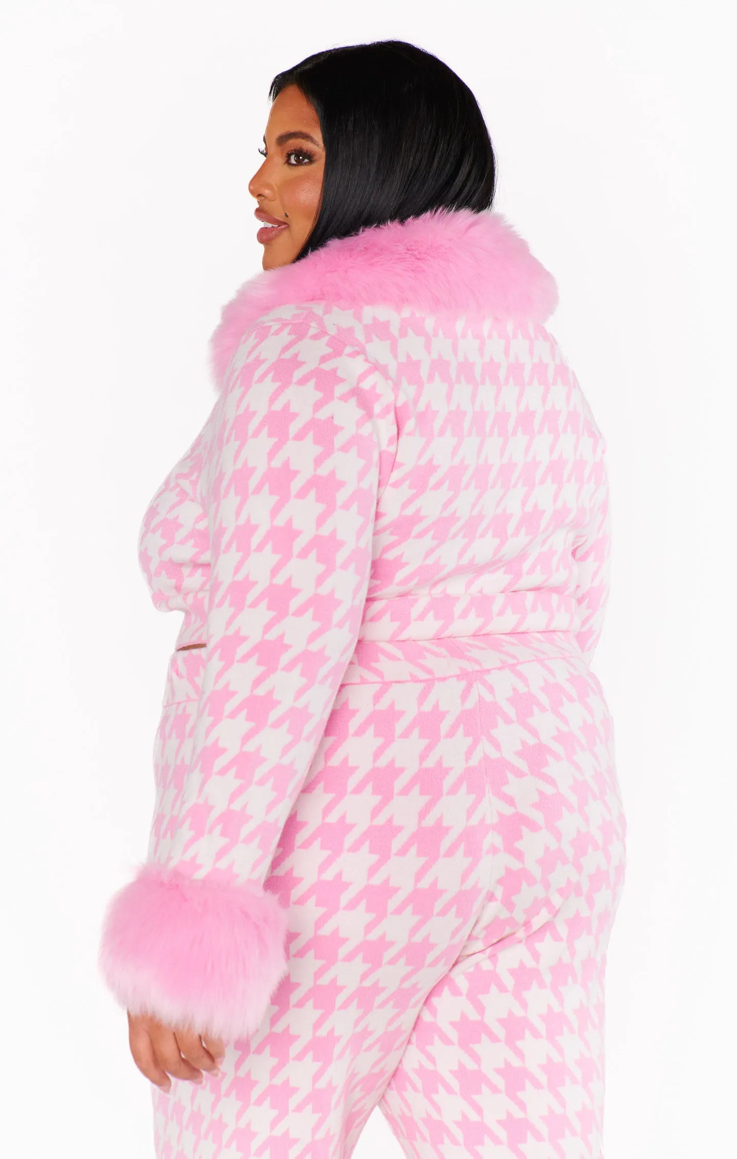 Zermatt Zip Up ~ Pink Houndstooth with Faux Fur